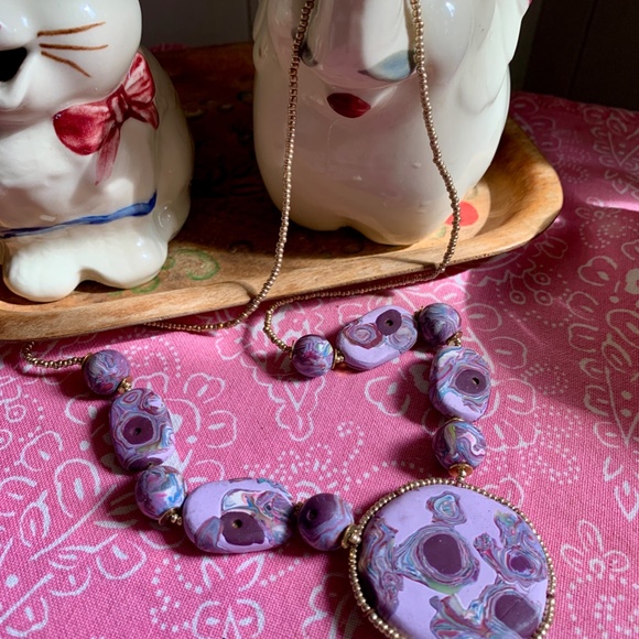 Handmade Polymer Clay Necklace Purple Swirl OOAK - Picture 4 of 15